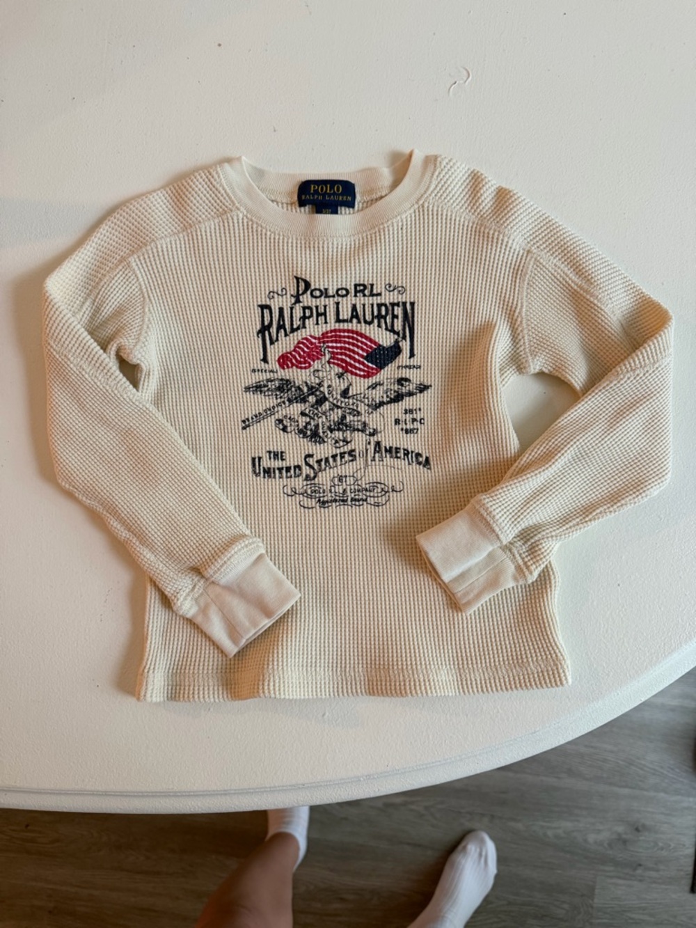 Polo by Ralph Lauren Cream Waffle-Knit Crewneck with Flag Graphic 2T-3T